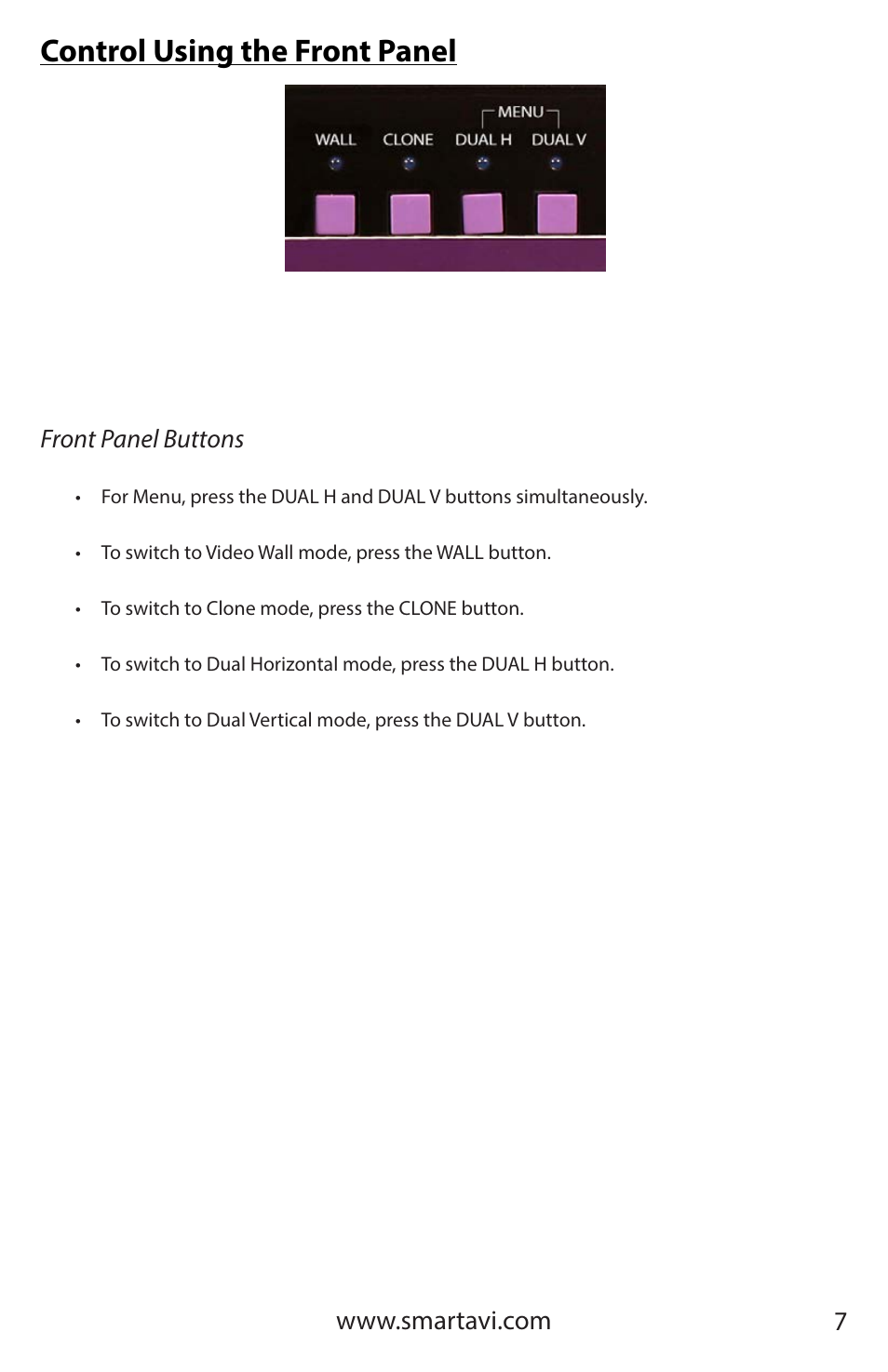 Control using the front panel | Smart Avi StretcherPro-HD User Manual | Page 7 / 16