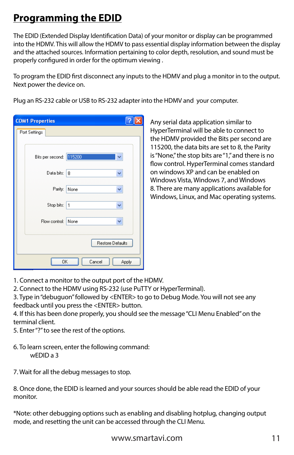 Programming the edid | Smart Avi HDMV Multiviewer User Manual | Page 11 / 16
