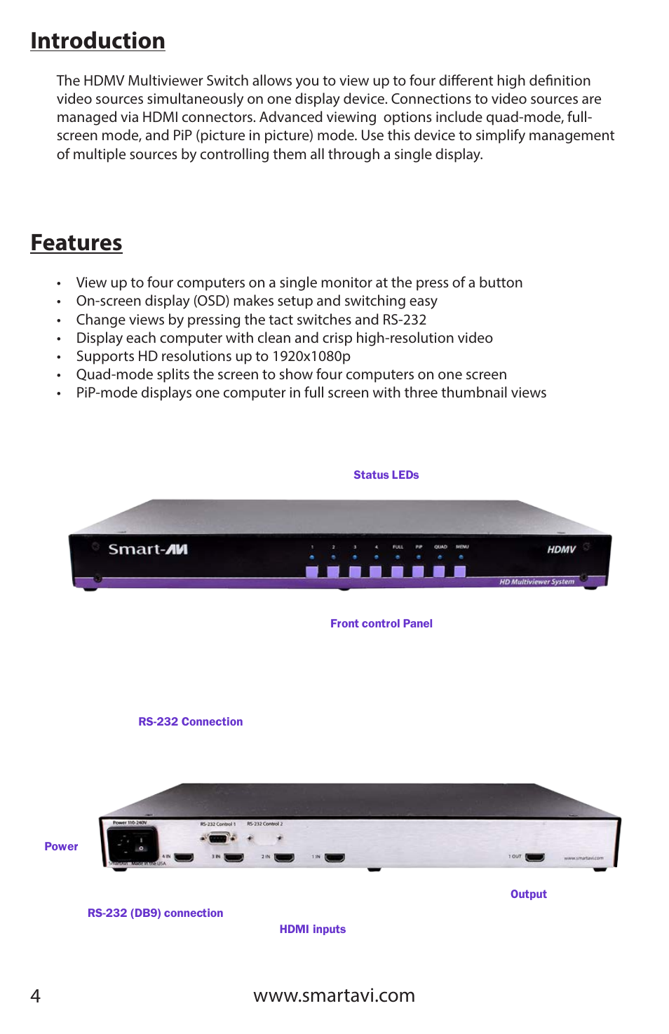 Introduction, Features | Smart Avi HDMV Multiviewer User Manual | Page 4 / 16