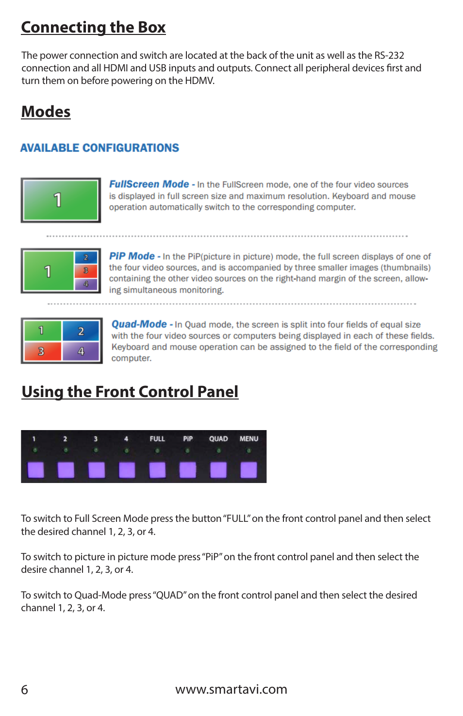 Connecting the box, Modes using the front control panel | Smart Avi HDMV Multiviewer User Manual | Page 6 / 16