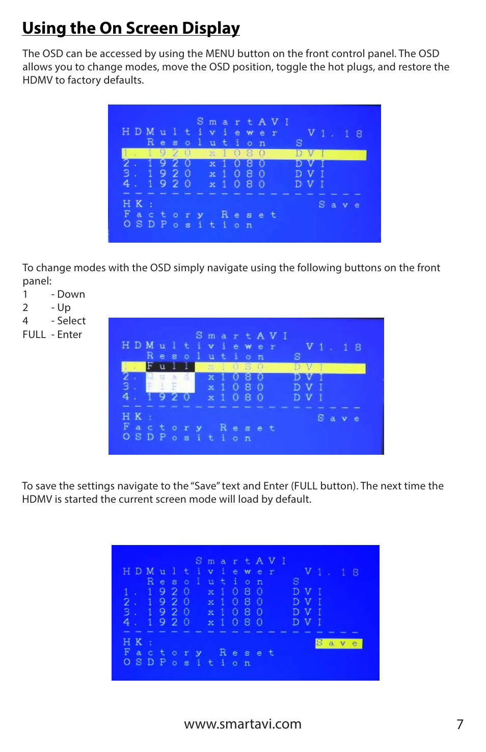 Using the on screen display | Smart Avi HDMV Multiviewer User Manual | Page 7 / 16