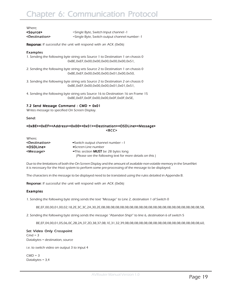 Chapter 6: communication protocol, Page 19 | Smart Avi AVRouter User Manual | Page 19 / 26