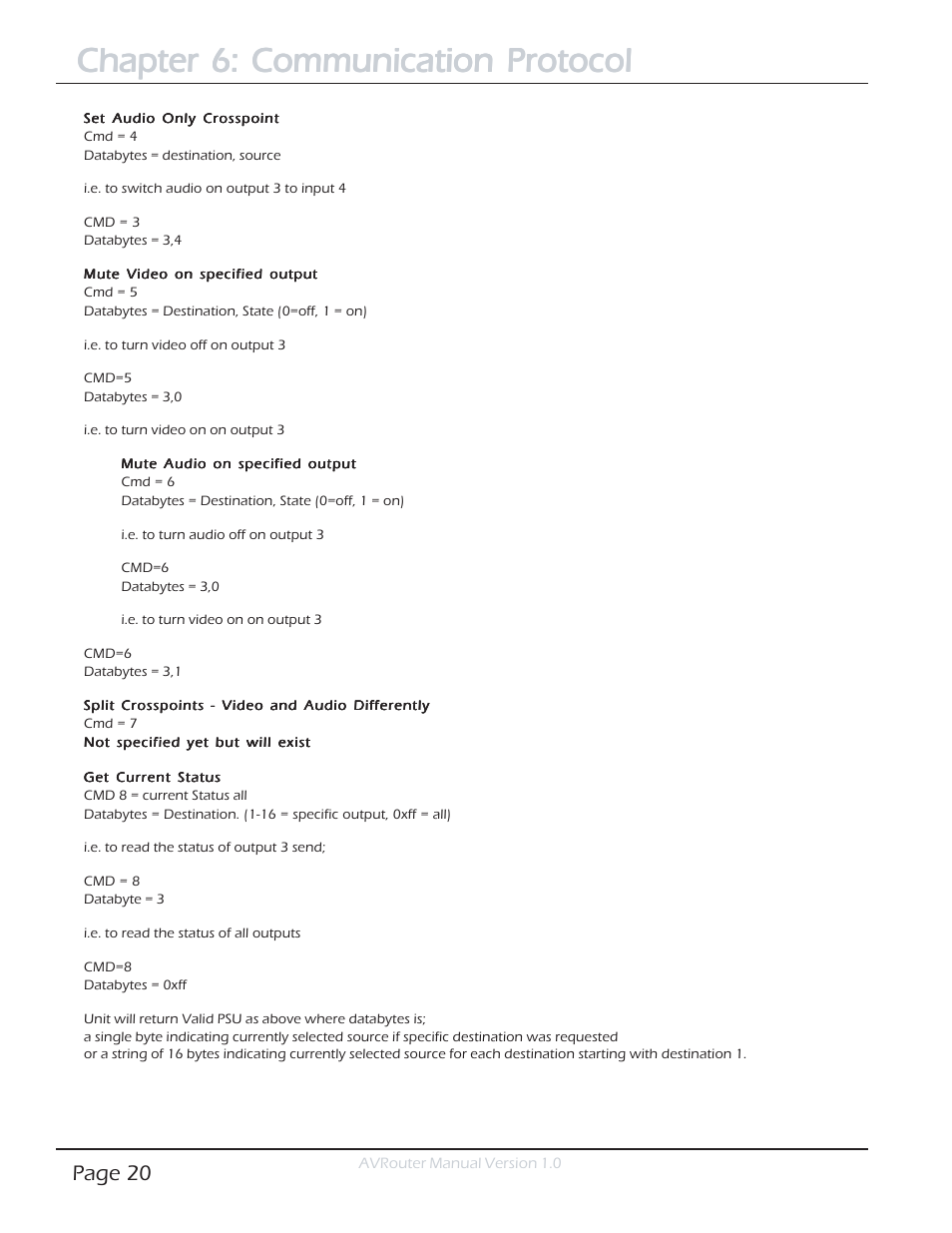 Chapter 6: communication protocol, Page 20 | Smart Avi AVRouter User Manual | Page 20 / 26
