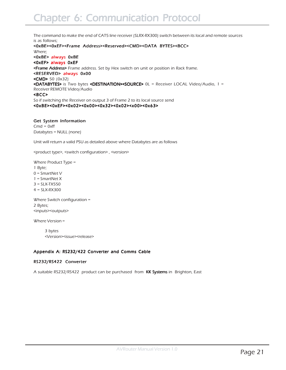 Chapter 6: communication protocol, Page 21 | Smart Avi AVRouter User Manual | Page 21 / 26