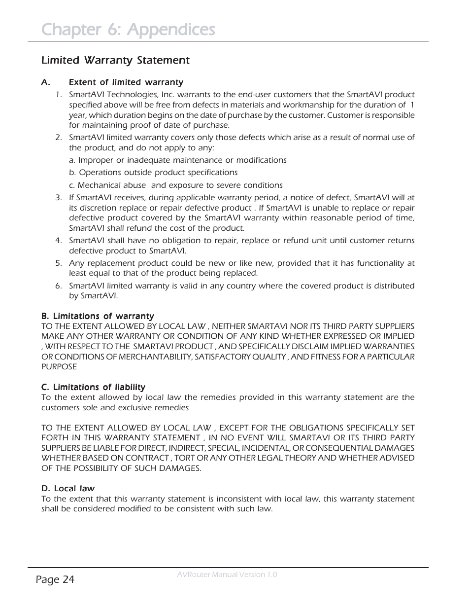 Chapter 6: appendices | Smart Avi AVRouter User Manual | Page 24 / 26