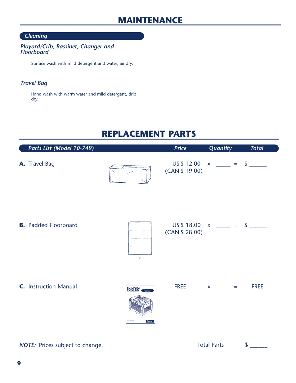 Replacement parts, Maintenance | Century PM-1763AA User Manual | Page 10 / 12