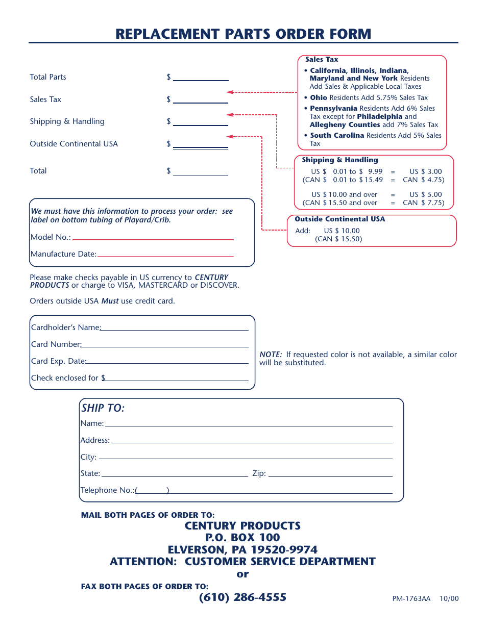 Replacement parts order form, Ship to | Century PM-1763AA User Manual | Page 11 / 12