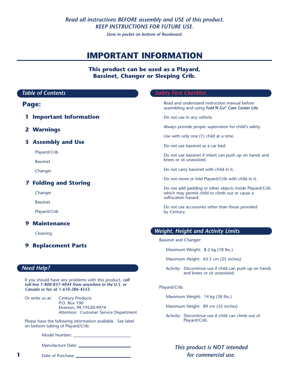 Important information, Page | Century PM-1763AA User Manual | Page 2 / 12