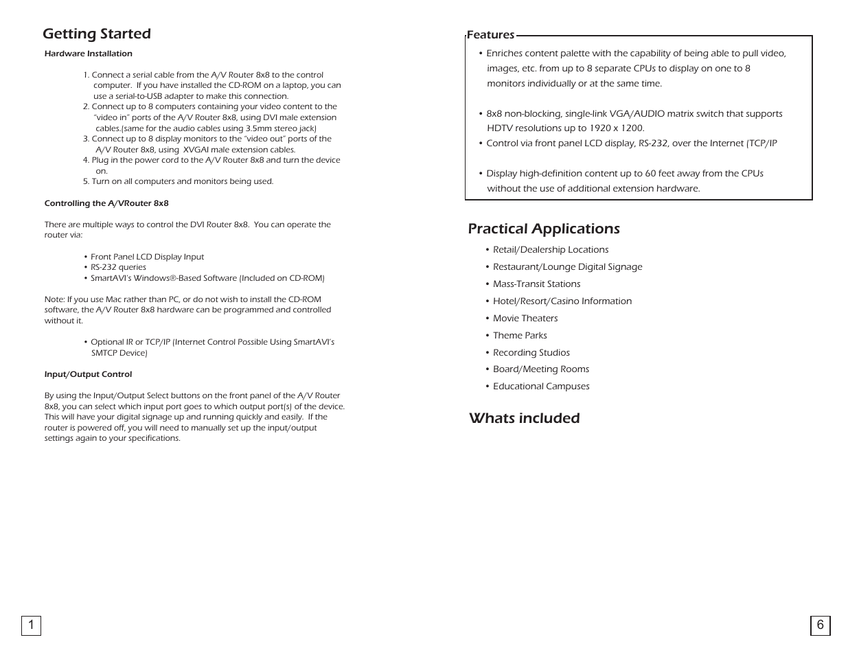 Practical applications whats included, Getting started | Smart Avi AVRouter 8X8 User Manual | Page 2 / 4