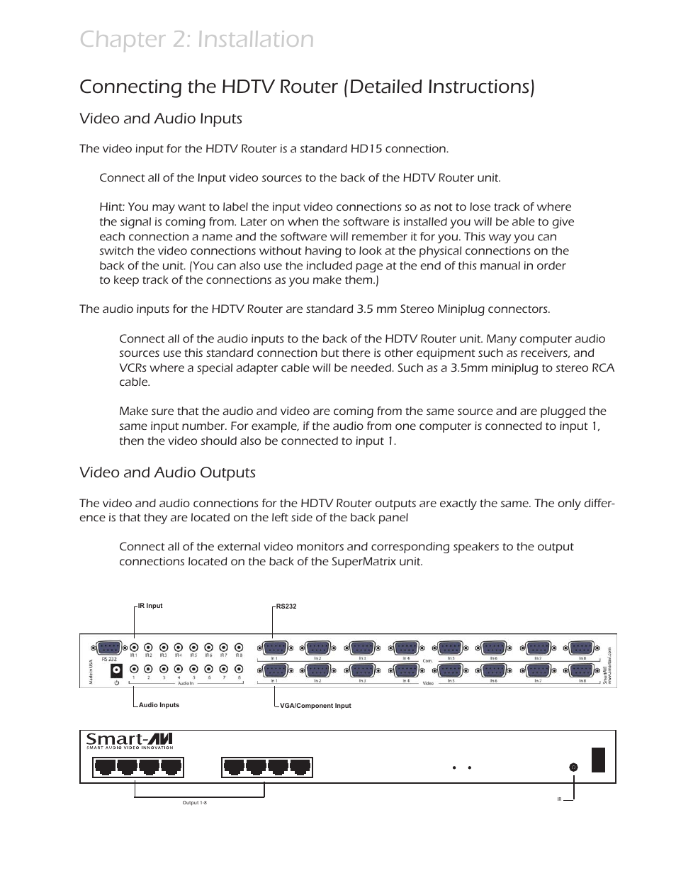 Chapter 2: installation, Connecting the hdtv router (detailed instructions), Video and audio inputs | Video and audio outputs | Smart Avi HDTV Router User Manual | Page 7 / 23