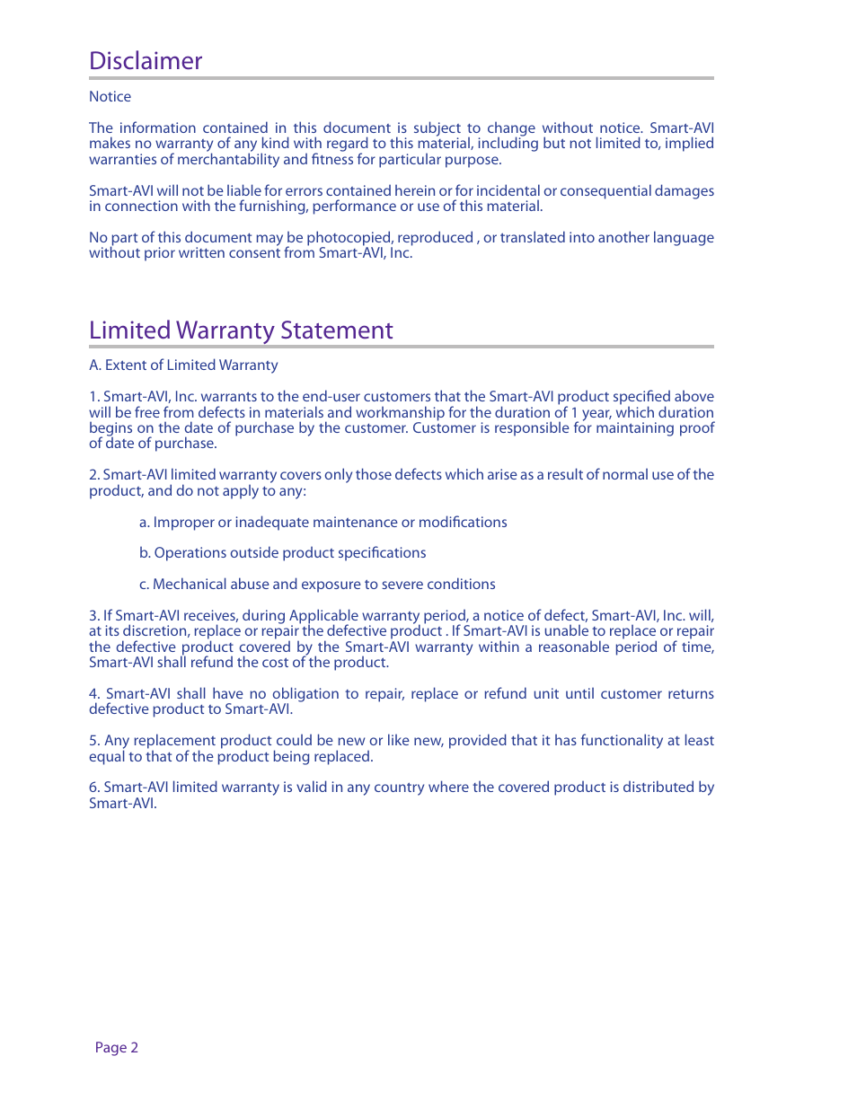 Disclaimer, Limited warranty statement | Smart Avi Digital Signage Manager User Manual | Page 2 / 8