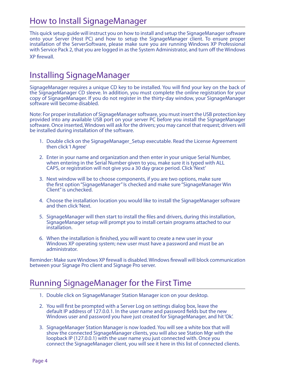 How to install signagemanager, Installing signagemanager, Running signagemanager for the first time | Smart Avi Digital Signage Manager User Manual | Page 4 / 8