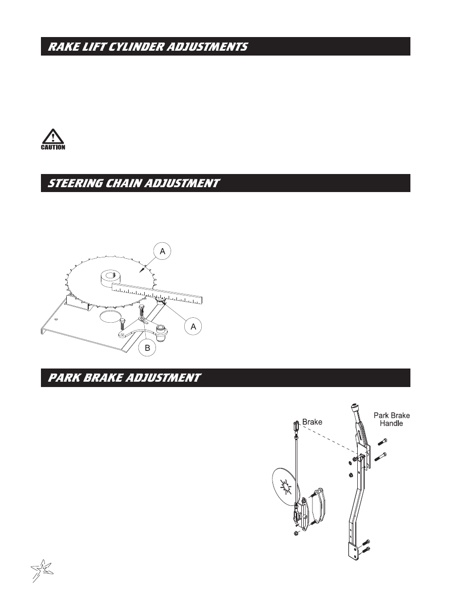 Rake lift cylinder adjustments, Steering chain adjustment, Park brake adjustment | Smithco Diesel Super Rake 17-001 Maintenance Manual User Manual | Page 20 / 33