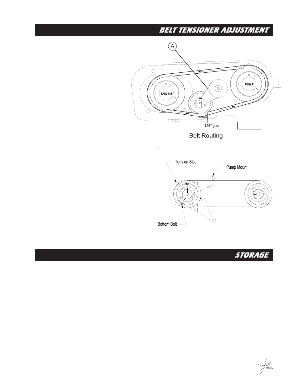 Belt tensioner adjustment, Storage, How to | Smithco Diesel Super Rake 17-001 Maintenance Manual User Manual | Page 21 / 33