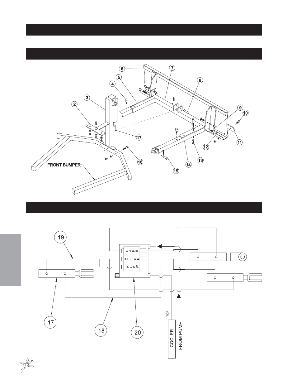 413 hydraulic sand plow drawing, 412 hydraulic sand plow drawing, Hydraulic valve plumbing | Smithco Diesel Super Rake 17-001-B (sn 2564 – 2620) Parts & Service Manual User Manual | Page 52 / 108