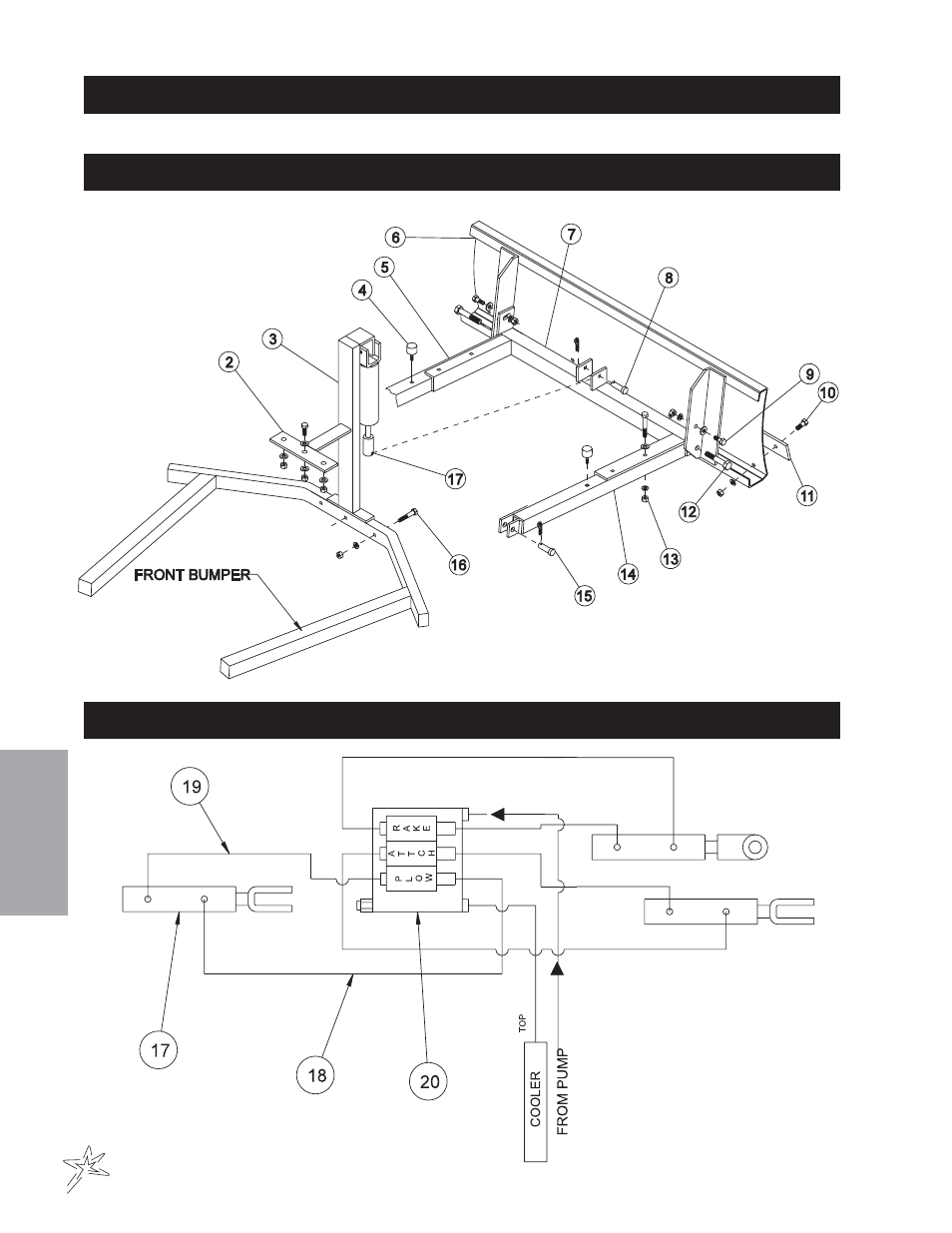 680 hydraulic plow with lift drawing, 679 hydraulic plow with lift drawing, Hydraulic valve plumbing | Smithco Diesel Super Rake 17-001-D (sn 2702 – 2721) Parts & Service Manual User Manual | Page 54 / 110