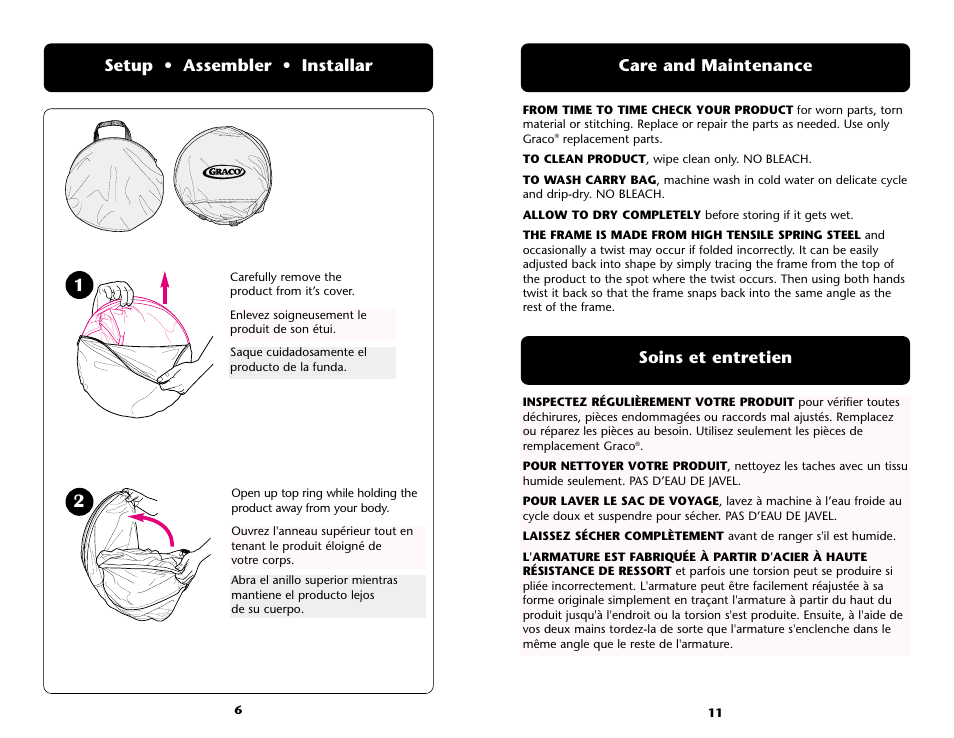 Setup • assembler • installar, Soins et entretien, Care and maintenance | Graco ISPP016AB User Manual | Page 11 / 16