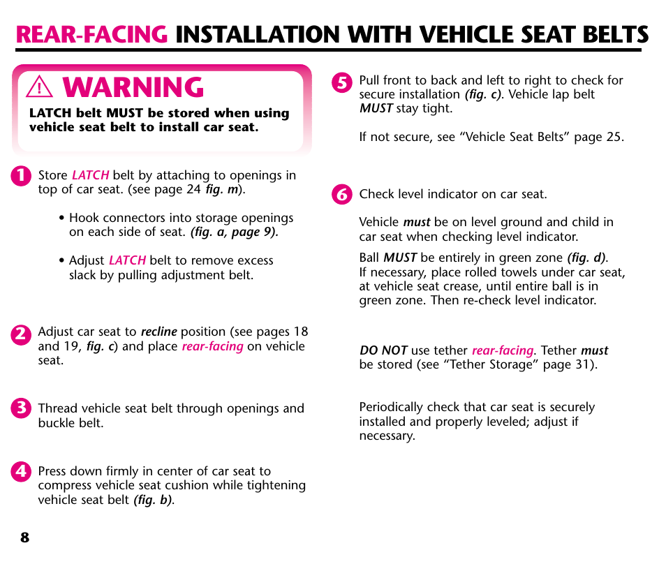 Warning, Rear-facing installation with vehicle seat belts | Century 44164 User Manual | Page 10 / 40