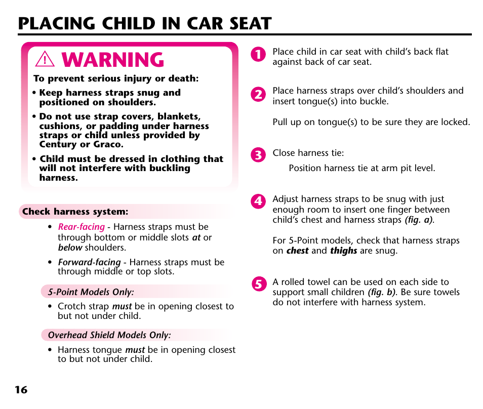 Warning, Placing child in car seat | Century 44164 User Manual | Page 18 / 40