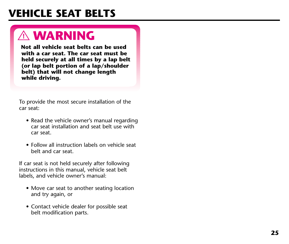 Warning, Vehicle seat belts | Century 44164 User Manual | Page 27 / 40