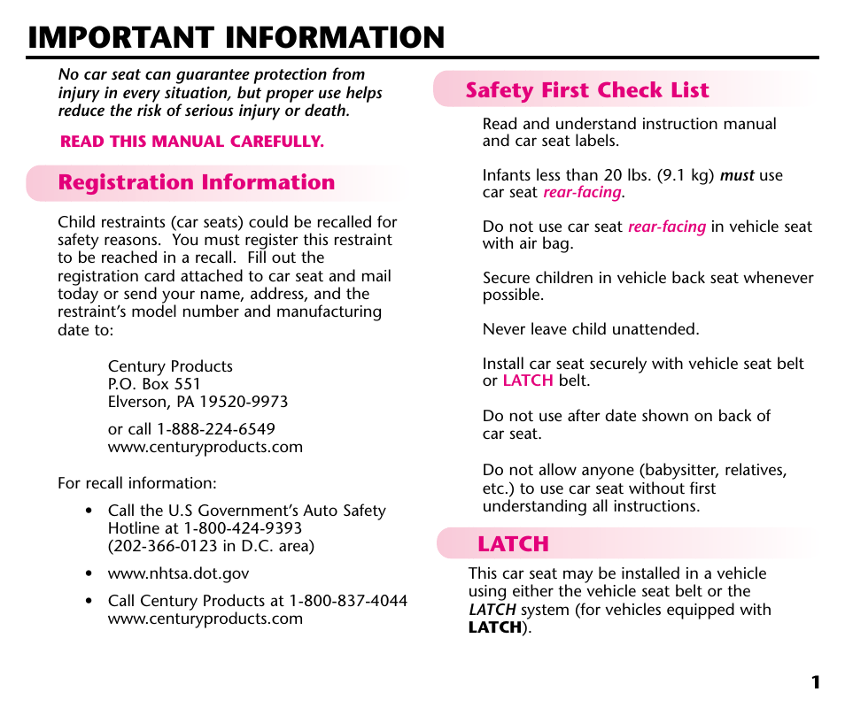 Important information, Registration information, Safety first check list | Latch | Century 44164 User Manual | Page 3 / 40