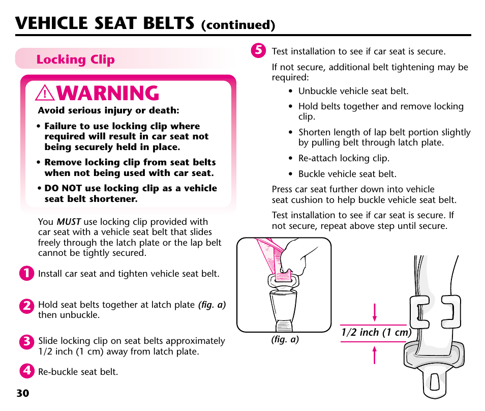 Warning, Vehicle seat belts | Century 44164 User Manual | Page 32 / 40