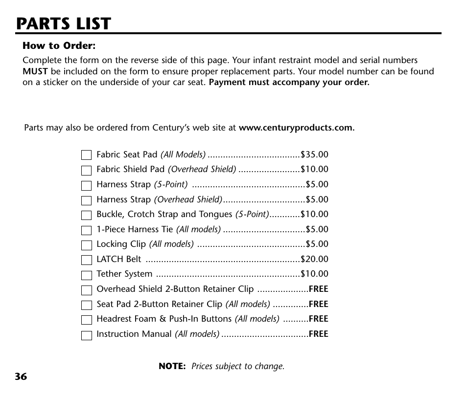 Parts list | Century 44164 User Manual | Page 38 / 40