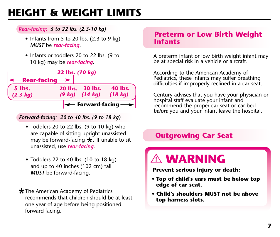 Warning, Height & weight limits | Century 44164 User Manual | Page 9 / 40