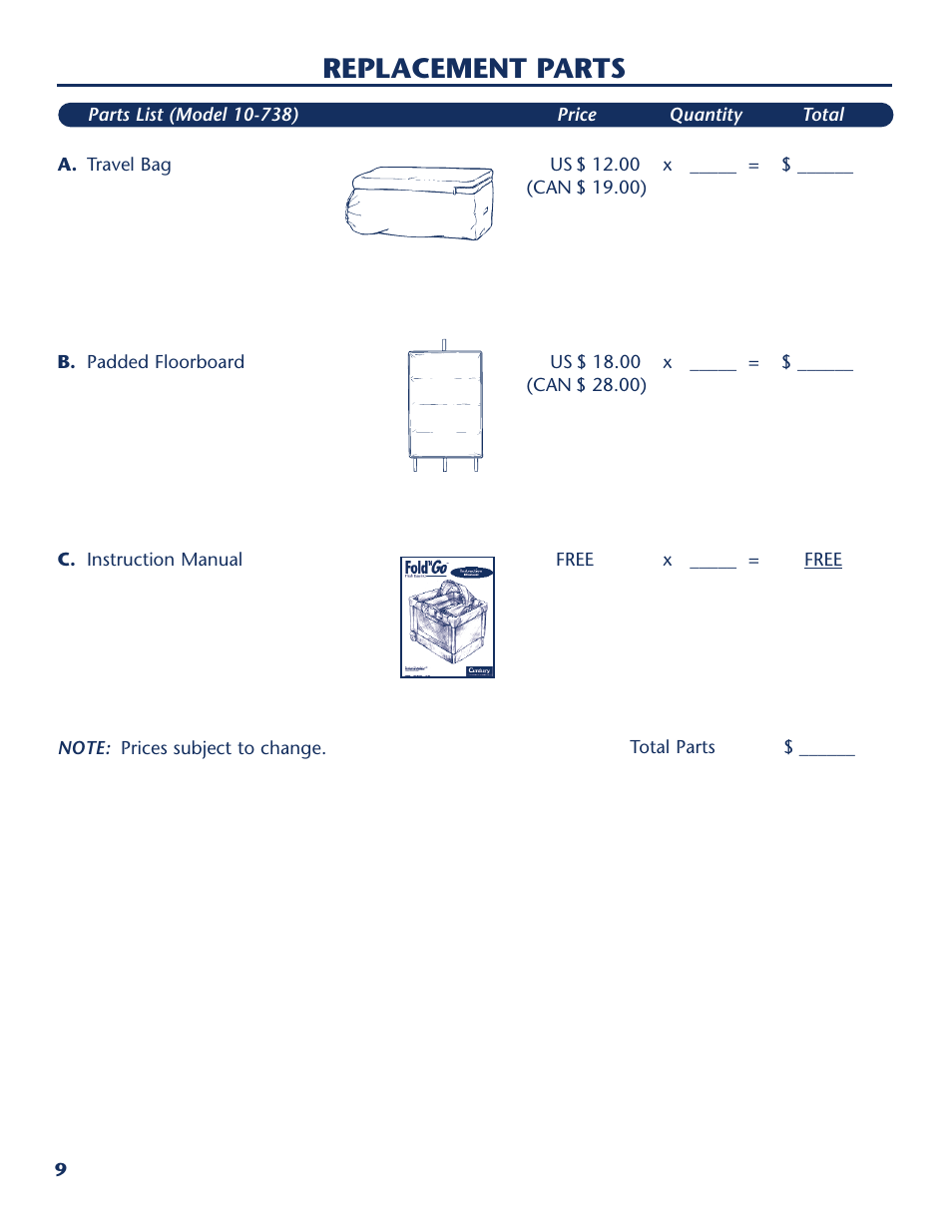 Replacement parts | Century PM-1873AA User Manual | Page 10 / 12