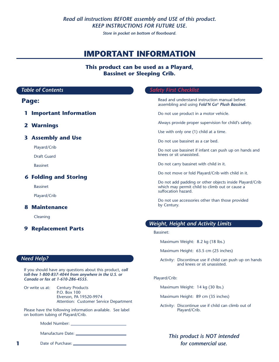 Important information, Page | Century PM-1873AA User Manual | Page 2 / 12