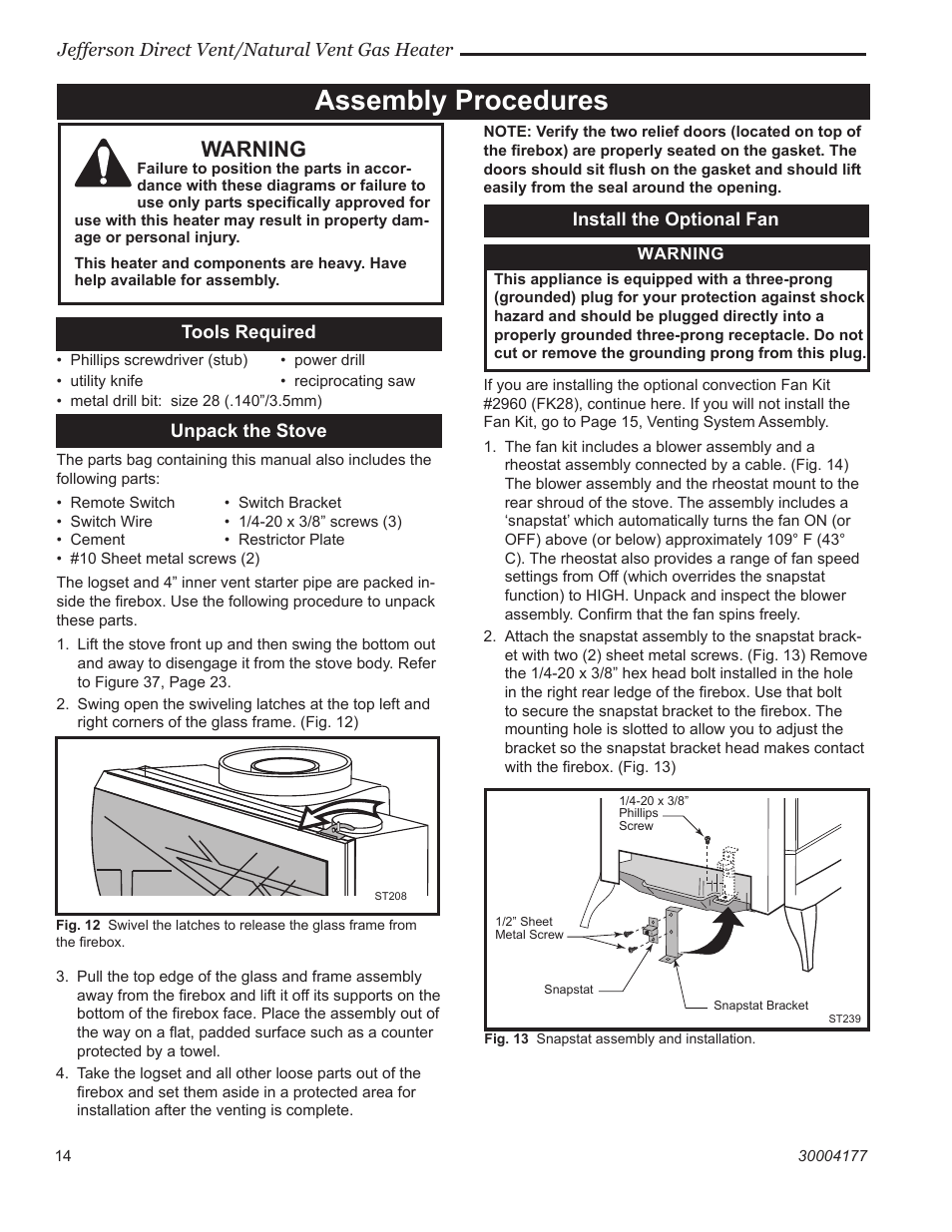 Assembly procedures, Warning | Century Jefferson User Manual | Page 14 / 40