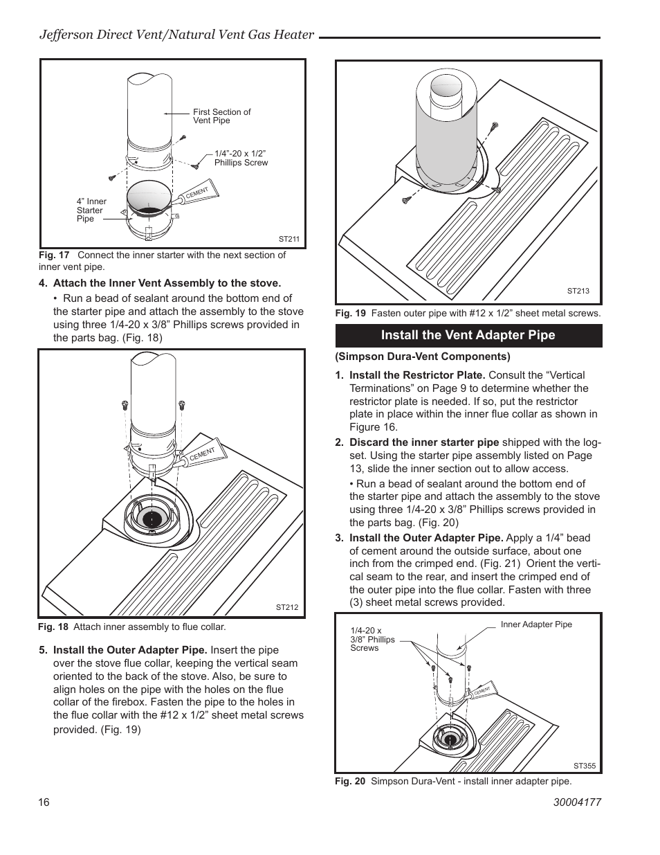 Jefferson direct vent/natural vent gas heater, Install the vent adapter pipe | Century Jefferson User Manual | Page 16 / 40