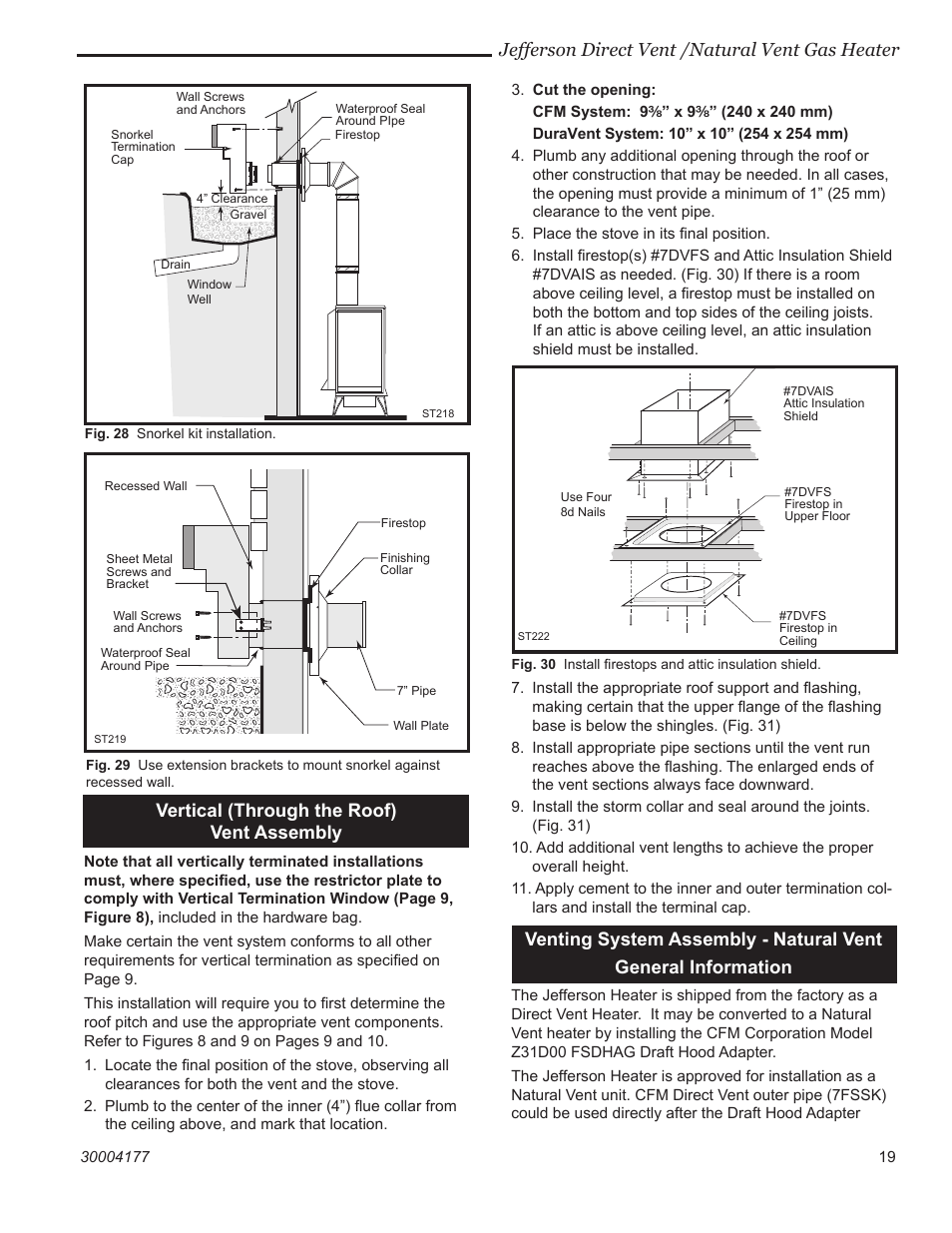 Jefferson direct vent /natural vent gas heater, Vertical (through the roof) vent assembly | Century Jefferson User Manual | Page 19 / 40