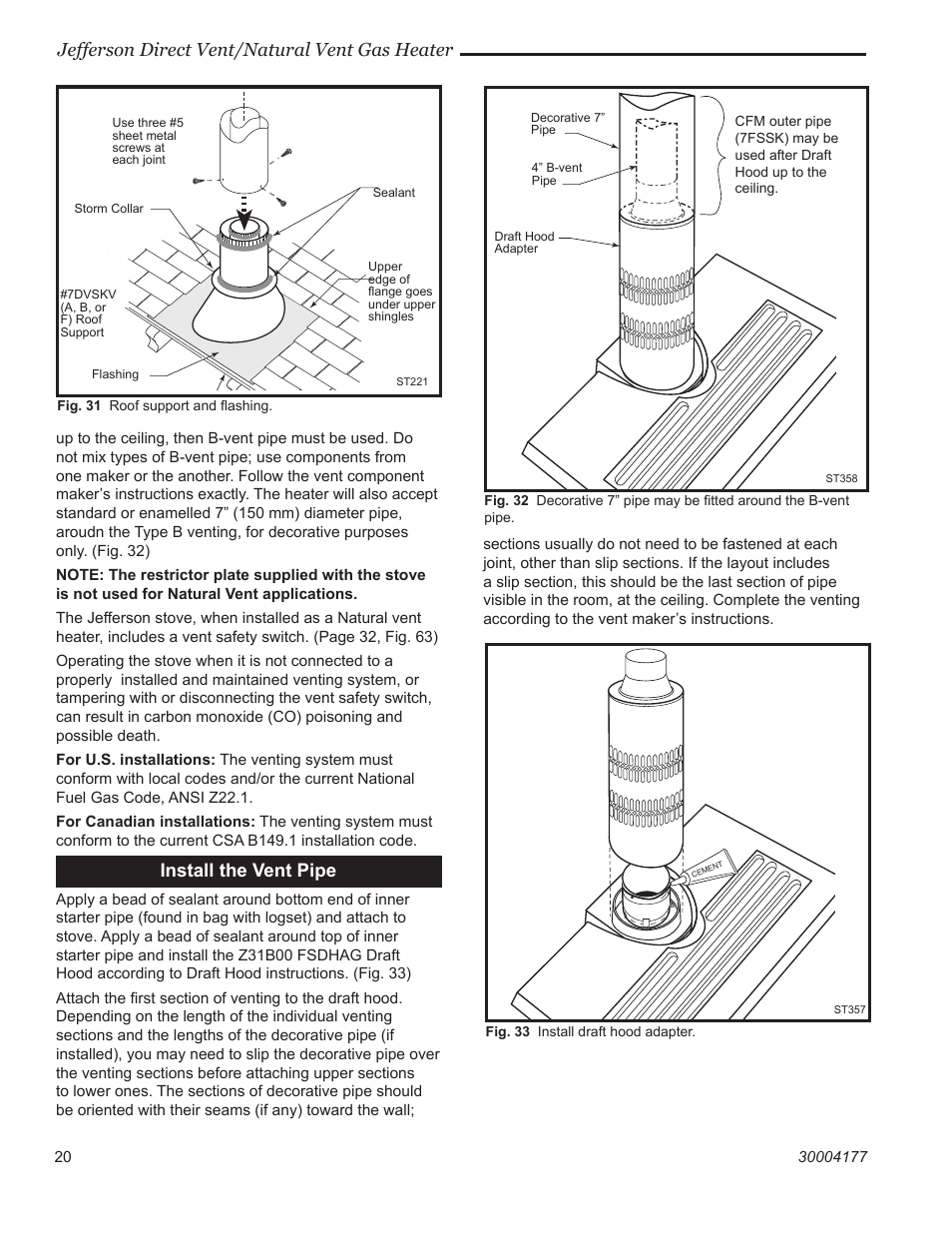 Jefferson direct vent/natural vent gas heater, Install the vent pipe | Century Jefferson User Manual | Page 20 / 40