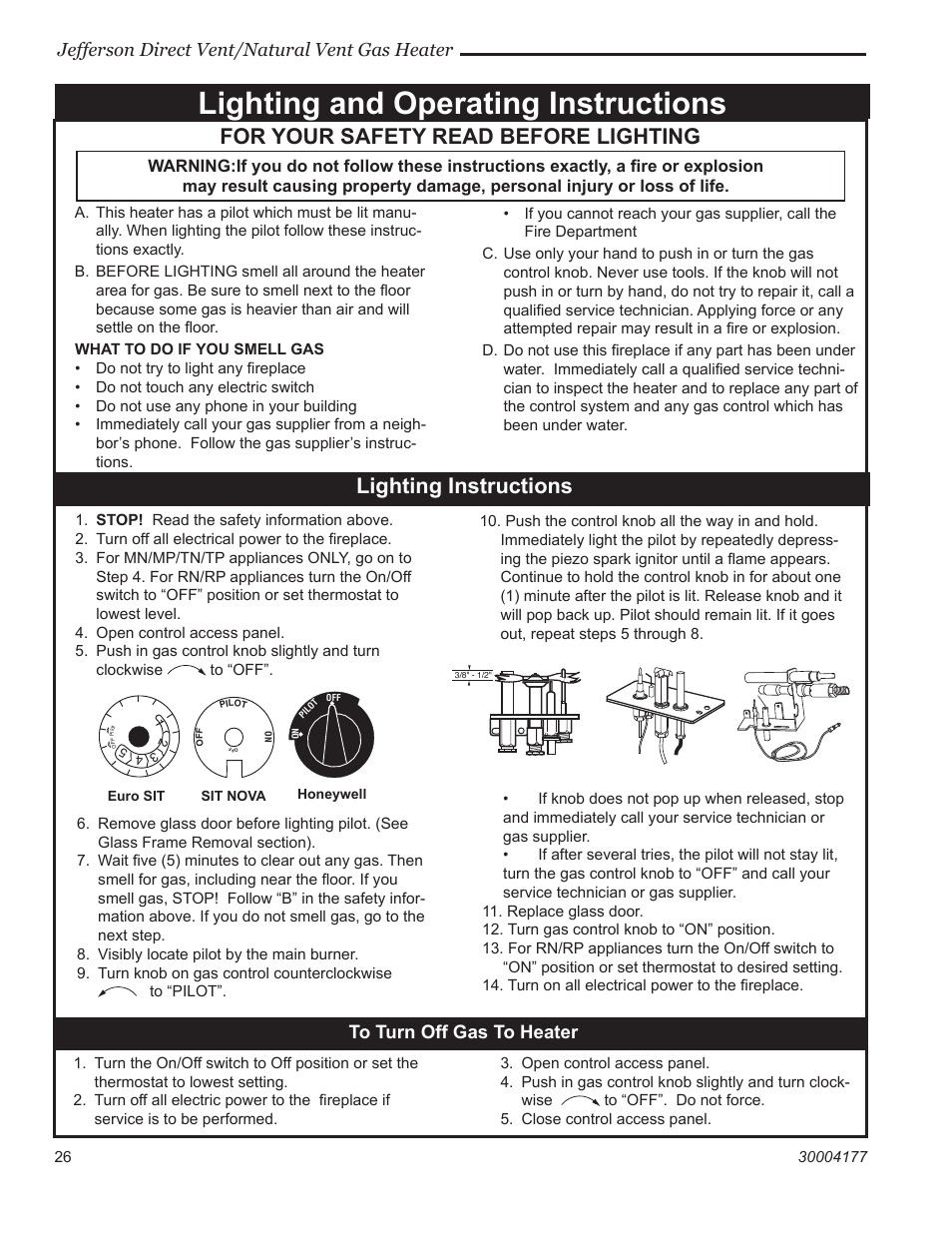 Lighting and operating instructions, For your safety read before lighting, Lighting instructions | Jefferson direct vent/natural vent gas heater | Century Jefferson User Manual | Page 26 / 40