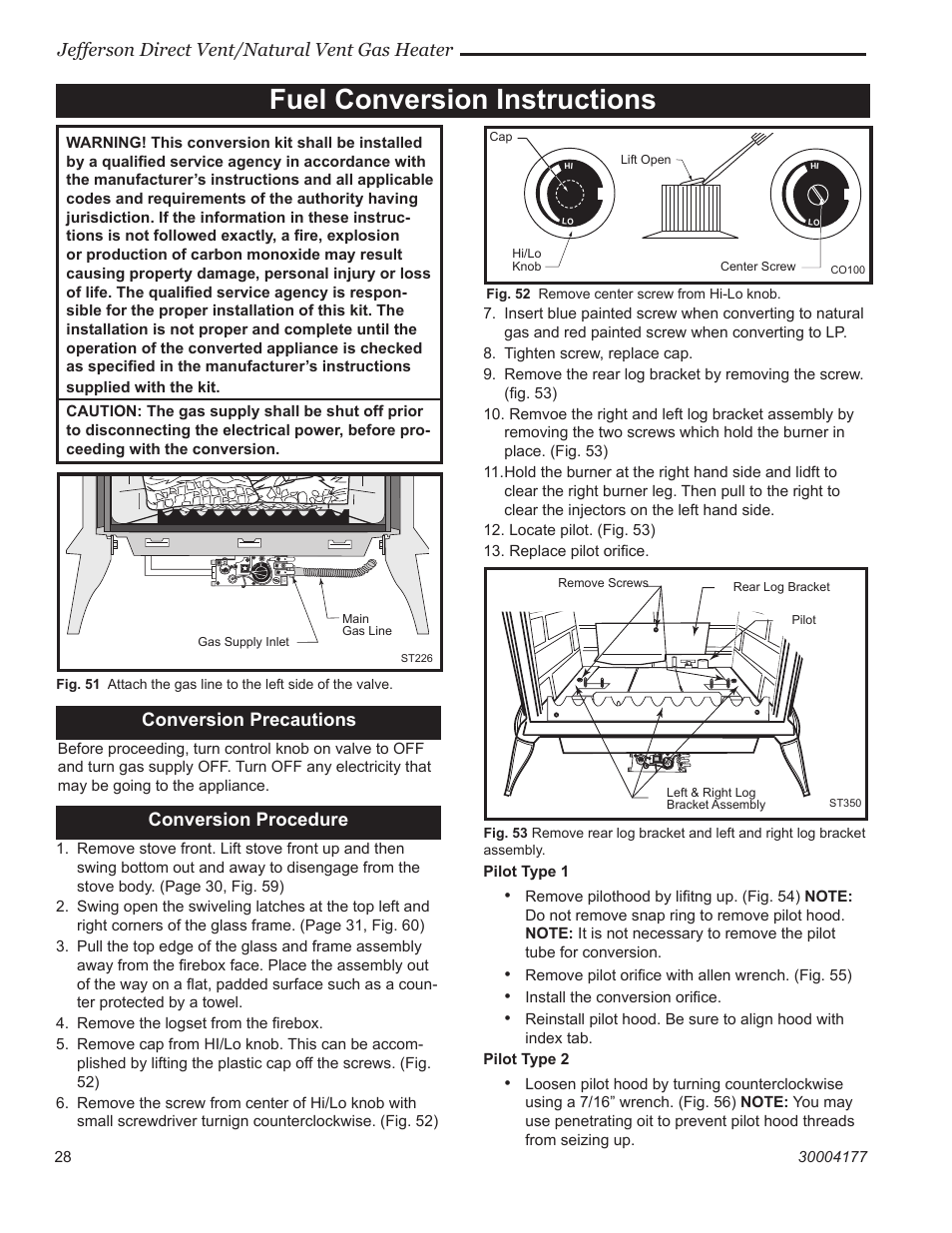 Fuel conversion instructions, Jefferson direct vent/natural vent gas heater, Conversion precautions | Conversion procedure | Century Jefferson User Manual | Page 28 / 40