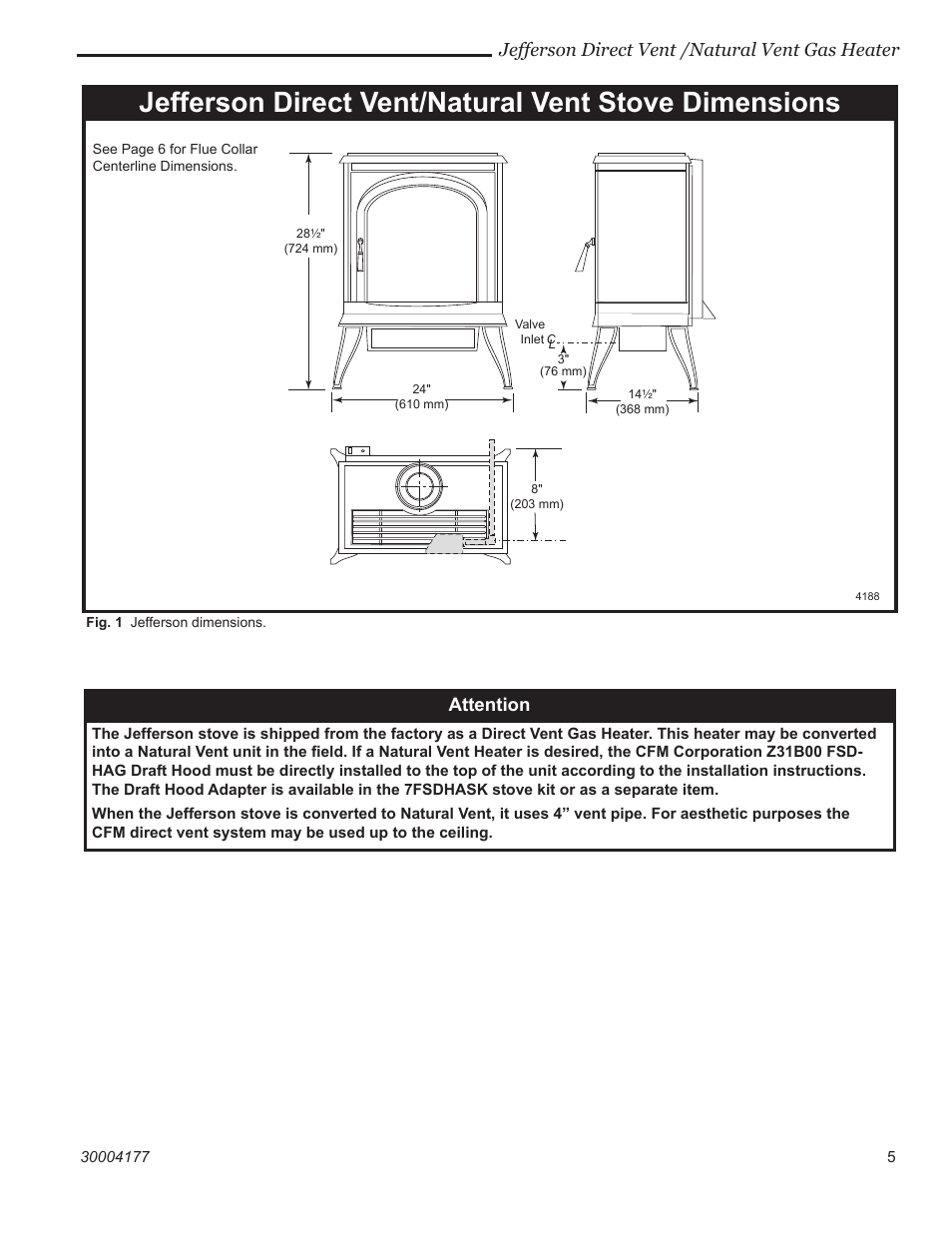 Jefferson direct vent /natural vent gas heater, Attention | Century Jefferson User Manual | Page 5 / 40