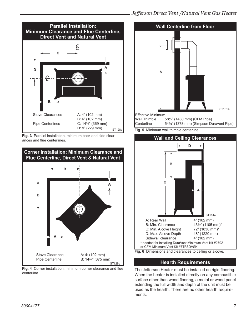 Jefferson direct vent /natural vent gas heater, Hearth requirements, Wall centerline from floor | Wall and ceiling clearances | Century Jefferson User Manual | Page 7 / 40