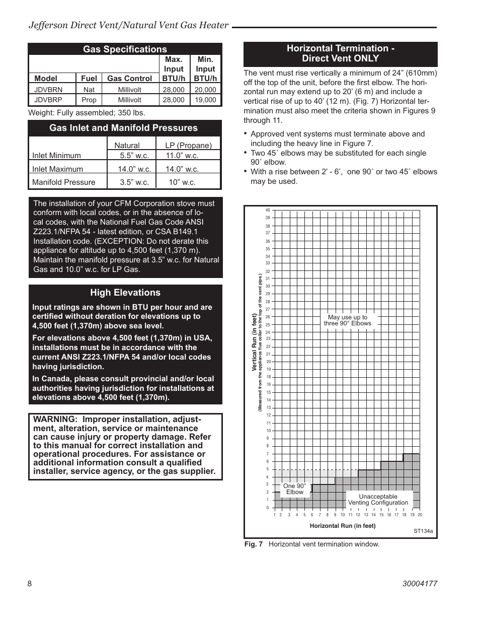 Jefferson direct vent/natural vent gas heater, Gas speciﬁcations, Gas inlet and manifold pressures | High elevations, Horizontal termination - direct vent only | Century Jefferson User Manual | Page 8 / 40