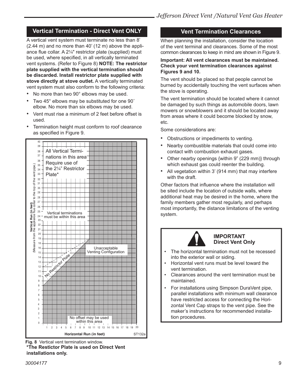 Jefferson direct vent /natural vent gas heater, Vent termination clearances, Vertical termination - direct vent only | Important direct vent only | Century Jefferson User Manual | Page 9 / 40