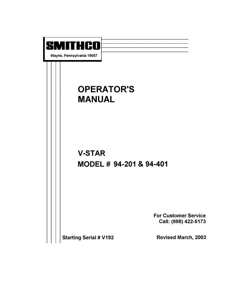 Smithco V-Star 94-201 (Sn V192) Operator Manual User Manual | 19 pages