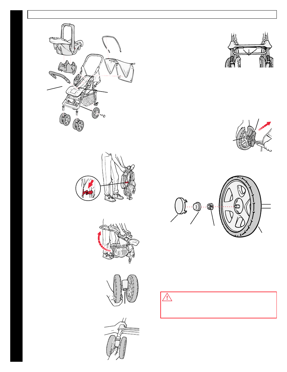 Warning, Lock footrest, Rear wheel assembly | Opening stroller, Front wheel assembly | Century PM-0624AB User Manual | Page 4 / 10