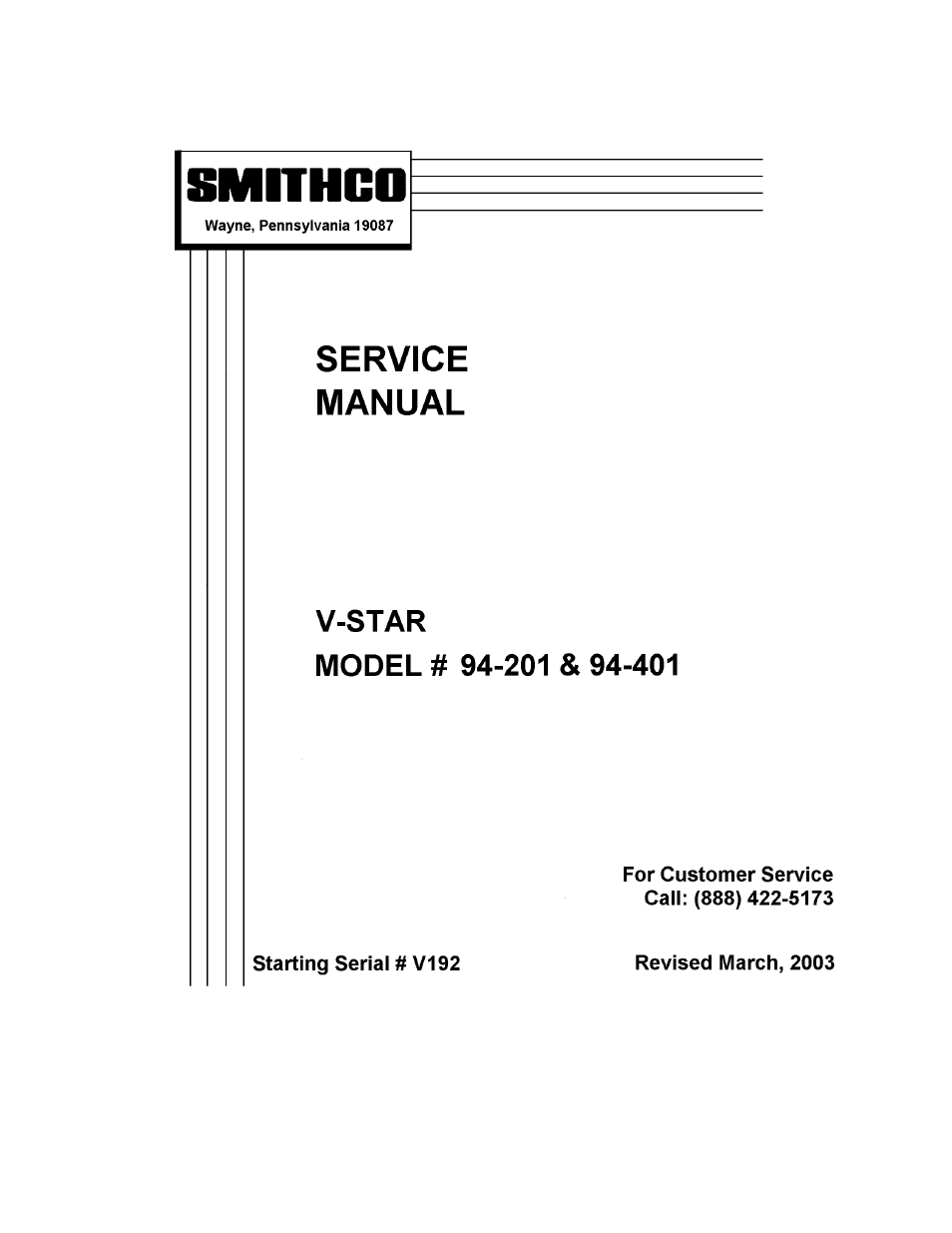 Smithco V-Star 94-201 (Sn V192) Parts & Service Manual User Manual | 18 pages