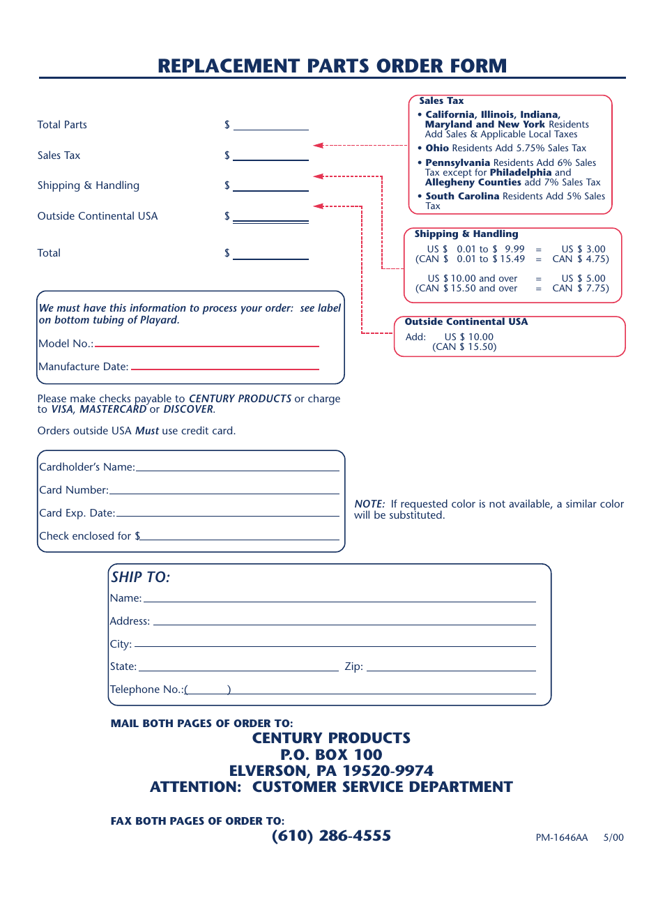 Replacement parts order form, Ship to | Century PM-1646AA User Manual | Page 11 / 12