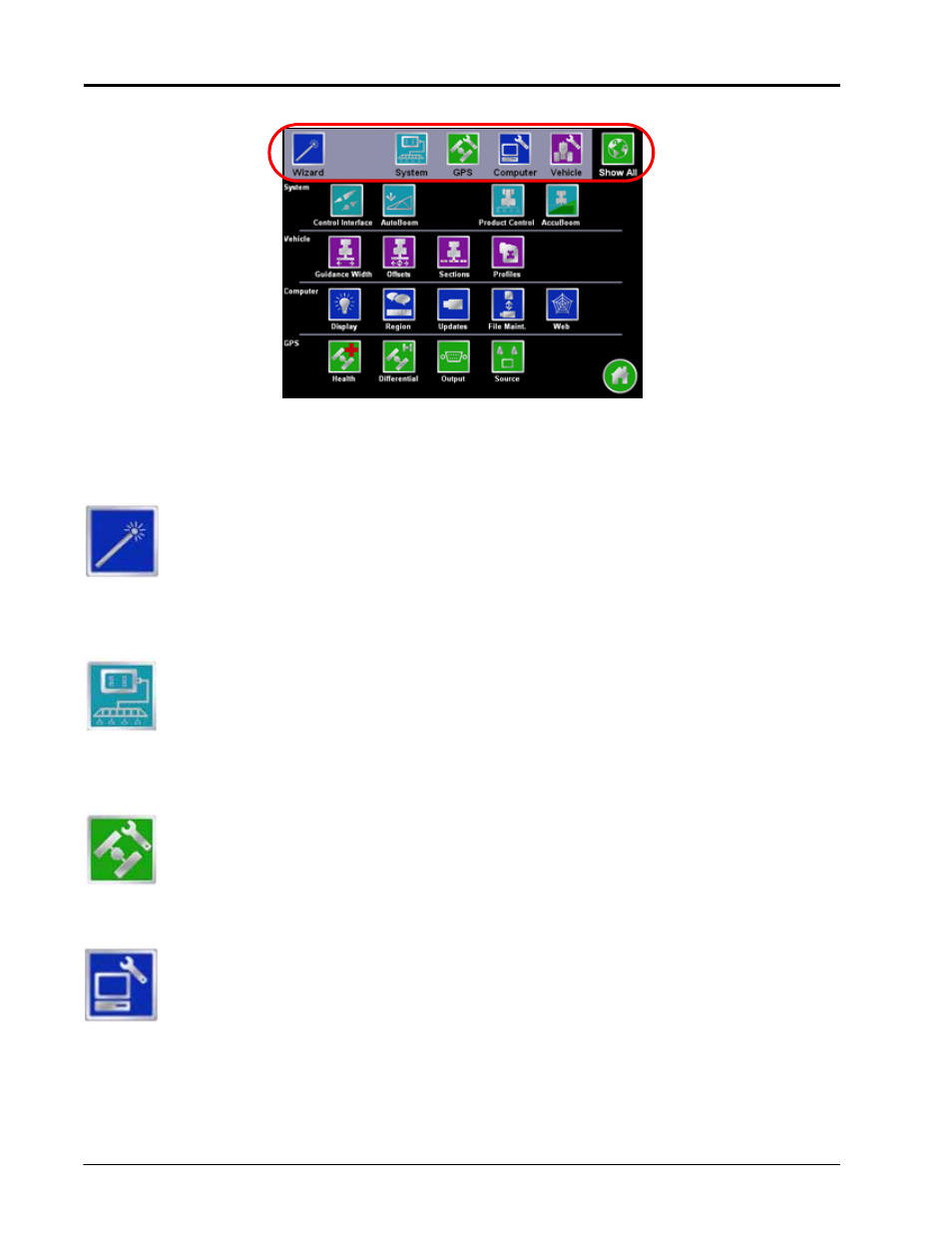 Wizard menu, System menu, Gps menu | Computer menu | Smithco Envizio Pro Installation & Operation Manual User Manual | Page 100 / 232