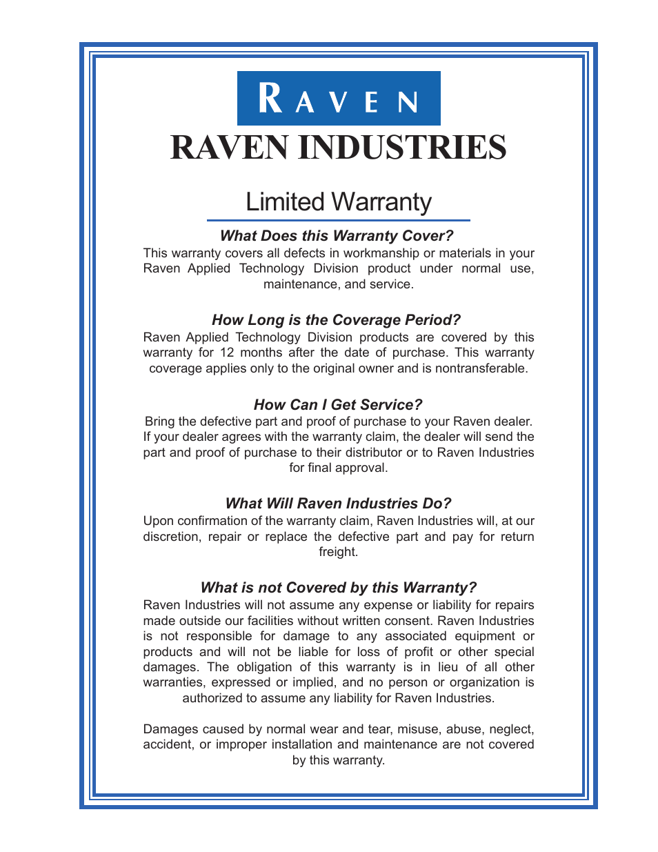 Raven industries, Limited warranty | Smithco Switch Pro Installation & Operation Manual User Manual | Page 35 / 36