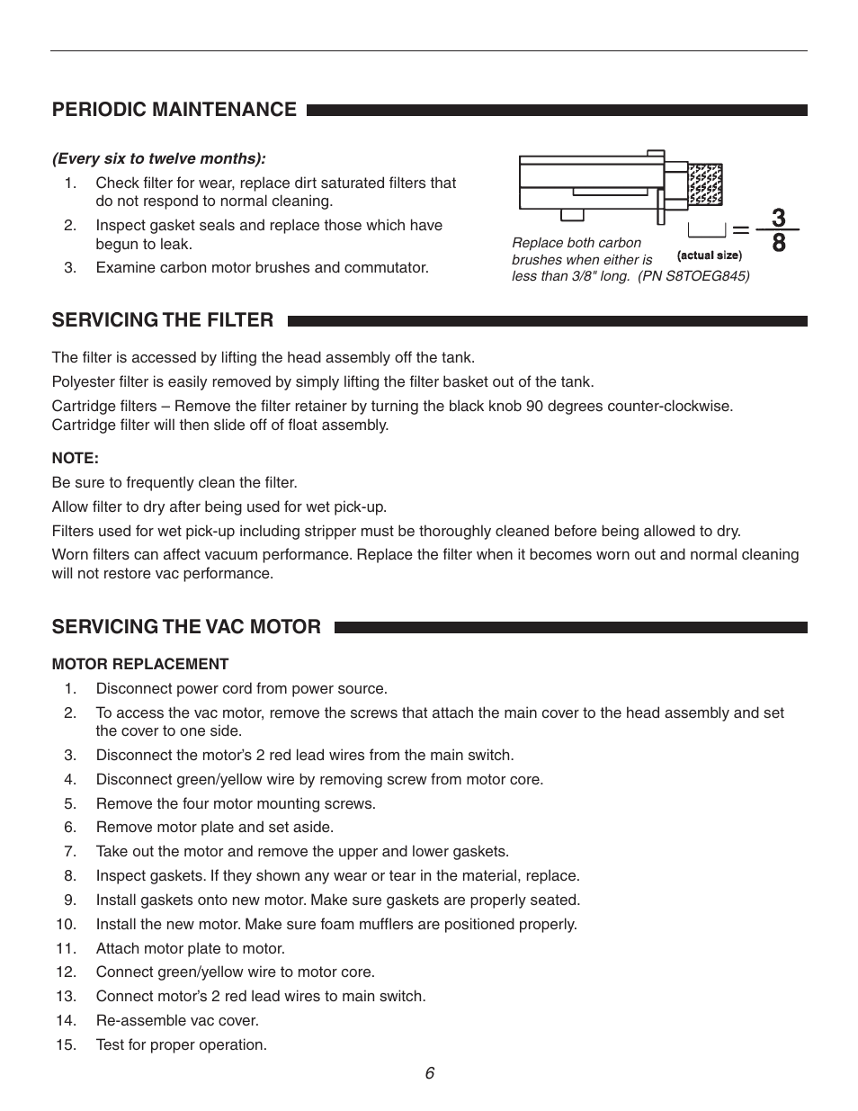 Periodic maintenance, Servicing the filter, Servicing the vac motor | Century WDV 400 WDV10 User Manual | Page 7 / 13