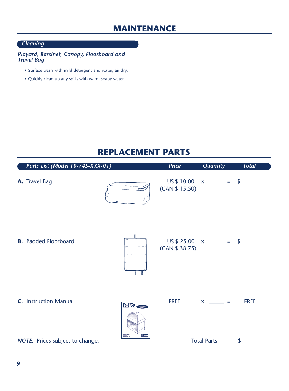 Replacement parts, Maintenance | Century PM-1644AA User Manual | Page 10 / 12