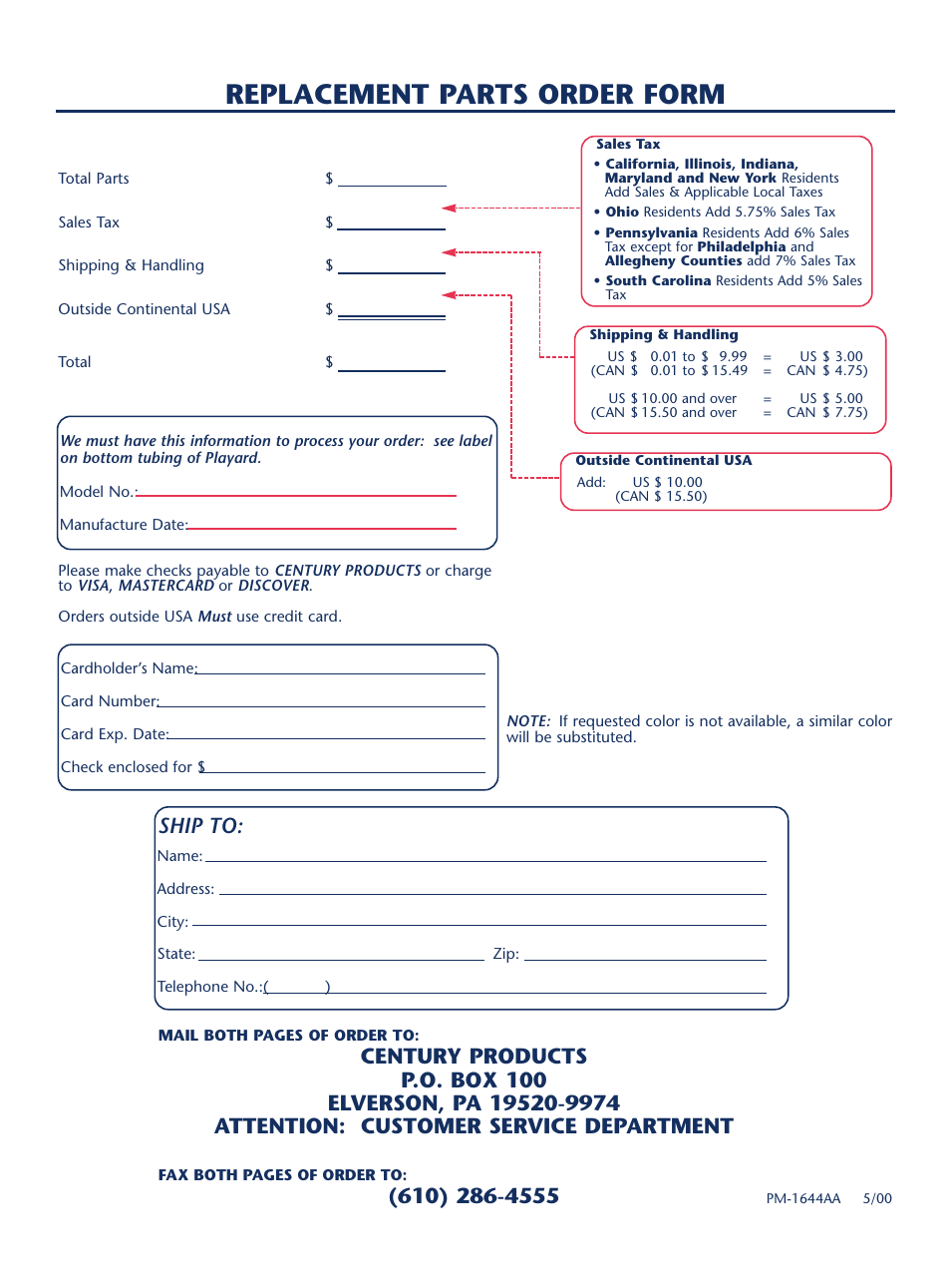 Replacement parts order form, Ship to | Century PM-1644AA User Manual | Page 11 / 12