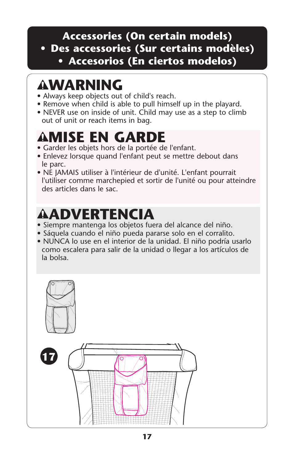 Advertencia, Mise en garde, Warning | Graco Playard none User Manual | Page 17 / 56